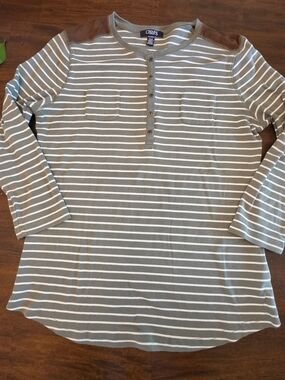 Chaps Denim Green Striped Long Sleeve Henley Top Accent Shoulders XL